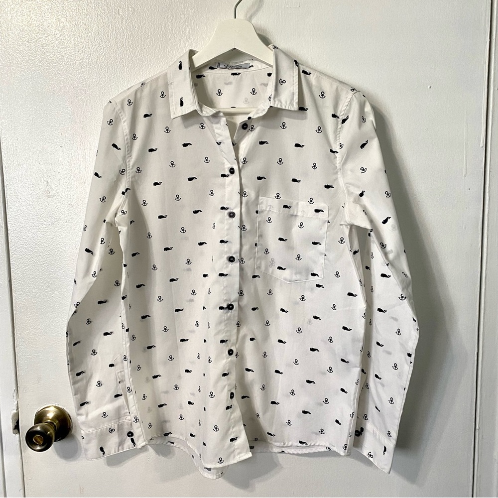Mango White Collared Shirt with small Whale pattern